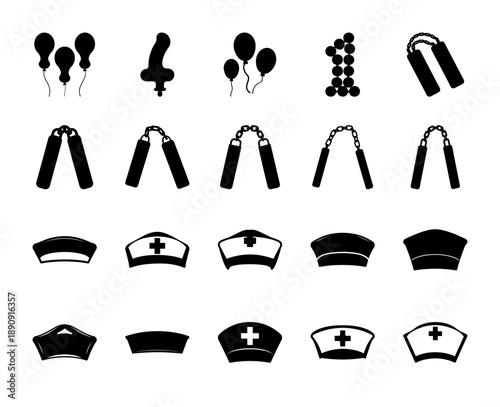 Various black silhouette icons including party balloons, numerical digits, martial arts nunchaku, and medical nurse caps, isolated on a white background, representing diverse concepts.