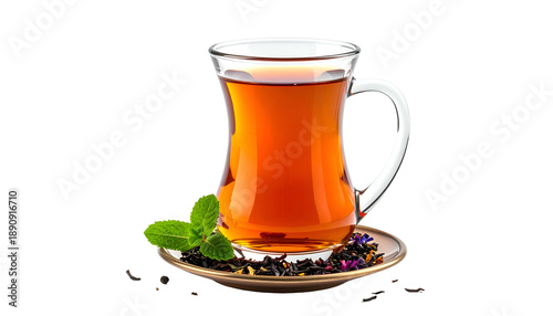 A clear glass cup filled with tea sits on a saucer with herbs, against a black background