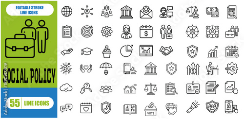 Social policy icon set. Containing welfare, government, society, service, education, reform, health care, legislation, medicine, law and more. Editable stroke. Vector illustration, 