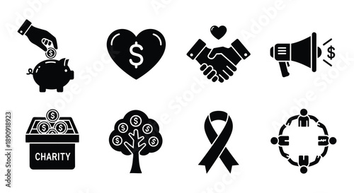 Black and white icons representing finance saving and investment concepts