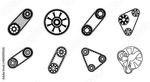 Diagram of various pulley and belt systems in a technical illustration