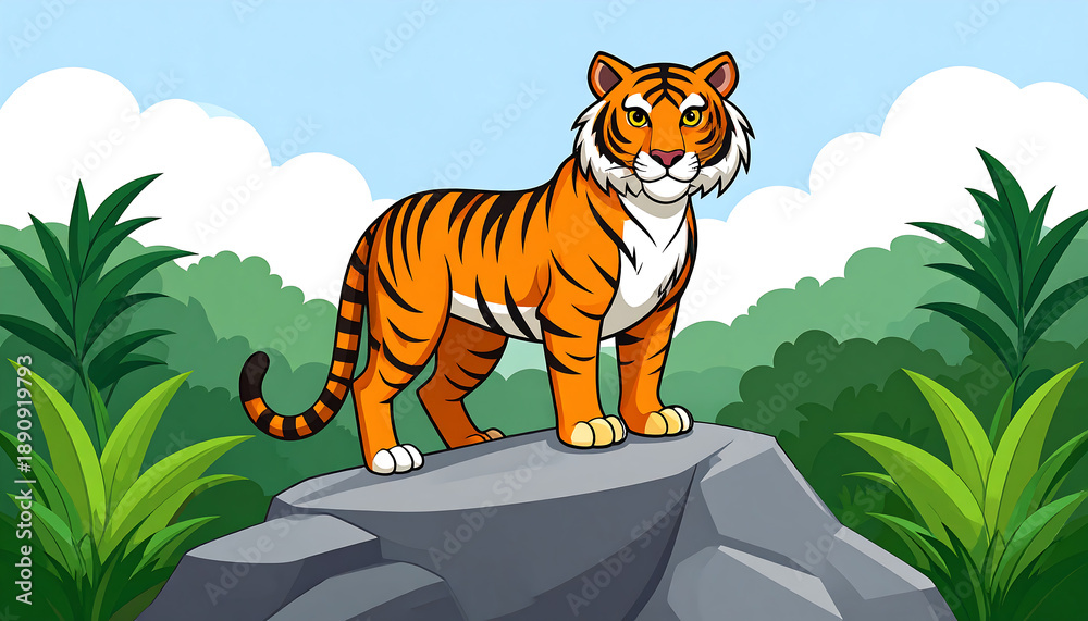 custom made wallpaper toronto digitalCartoon tiger stands on a rock. Forest background. Striking pose