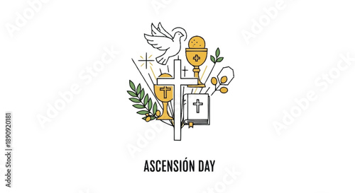 Simple Line Ascension Day with Dove Cross and Chalice religious Christian holiday