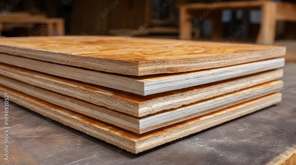 Fototapeta premium Close up view of stacked plywood sheets in a workshop