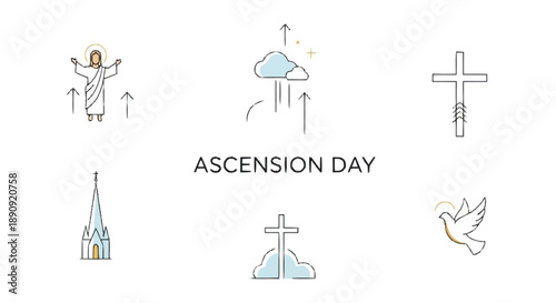 Simple Black and White Line of Ascension Day Religious Symbols Jesus cloud cross
