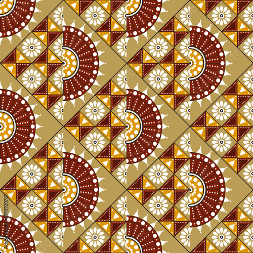Obraz na płótnie Traditional Kutchi Geometric Floral Pattern with Earthy Tribal Colors, Seamless