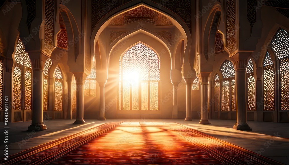 Obraz premium Sunlit Interior of a Grand Mosque with Arches.