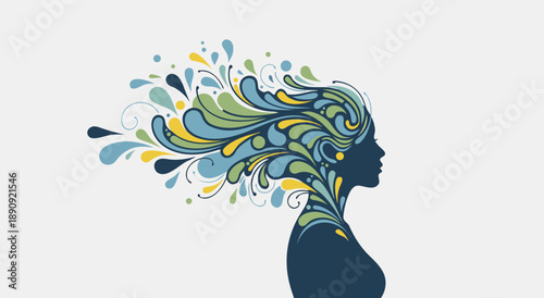 Silhouette of a woman side profile with vibrant colorful abstract floral and liquid swirls flowing from her hair representing creativity and mental health