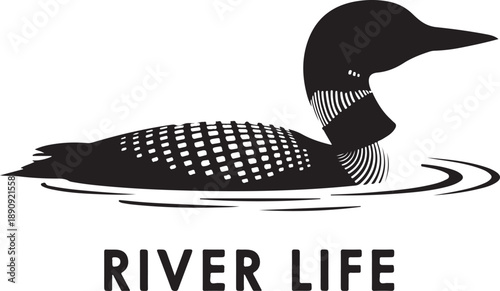 A serene loon swims peacefully in a calm river, its spotted feathers glistening in the gentle ripples of the water, viewed from a tranquil perspective.
