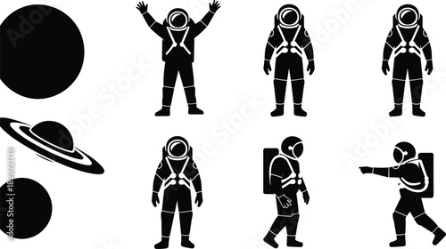 Astronaut silhouette vector set with space explorer poses, planets and Saturn icons, cosmic science graphics isolated on white background