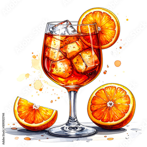 Wallpaper Mural Aperol spritz watercolor. Glass with ice, orange slices, vibrant and juicy Torontodigital.ca