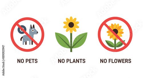Clear graphic illustration showing symbols indicating prohibitions against bringing domestic animals plants and cut flowers into a specific location or facility area