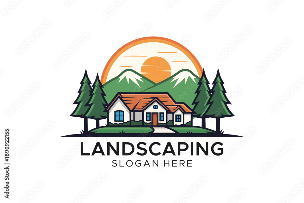 Obraz premium Professional Landscaping Service Logo Design featuring a Modern House, Pine Trees and Mountain Peaks under a Sunset for Real Estate and Home Maintenance Branding