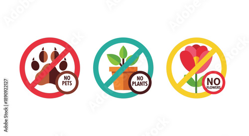 Collection of prohibited item icons clearly indicating no pets no plants and no flowers allowed in this specific restricted area or building space