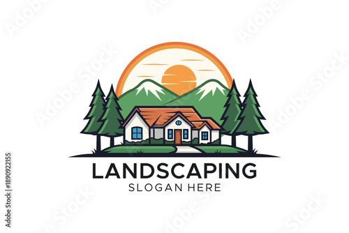 Wallpaper Mural Professional Landscaping Service Logo Design featuring a Modern House, Pine Trees and Mountain Peaks under a Sunset for Real Estate and Home Maintenance Branding Torontodigital.ca