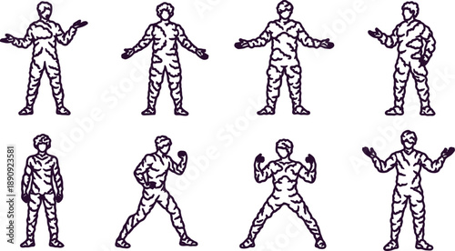 Set of eight different cartoon men in various poses and gestures  isolated on white background