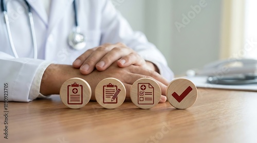 Doctor with medical checklist and approved checkmark icons on wooden blocks.