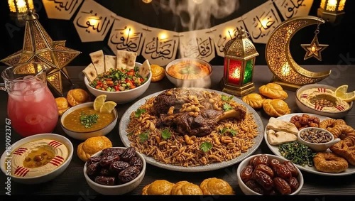 Festive Ramadan and Eid celebration food display with traditional dishes