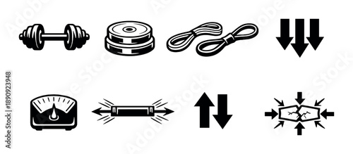 Fitness icons set: dumbbell, weight, jump rope, arrows, scale, bar, flex