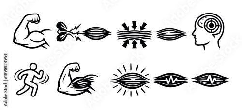 Illustrated symbols of strength, movement, and mindset in abstract black and gray design