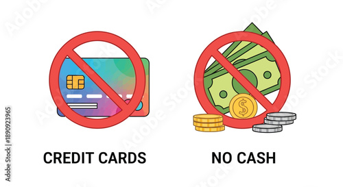 Graphic illustrating that both credit cards and physical cash payments are strictly prohibited or not accepted for a transaction indicating an exclusive payment method requirement.