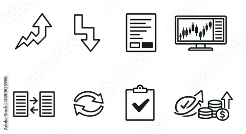 Financial icons: growth, exchange, reports, and analytics on dark background