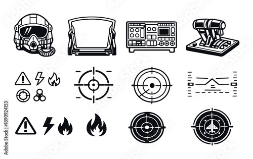 Military cockpit and control icons display with target symbols