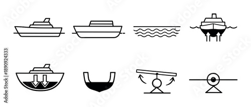 Monochrome nautical icon set illustrating ship stability principles and waterline concepts