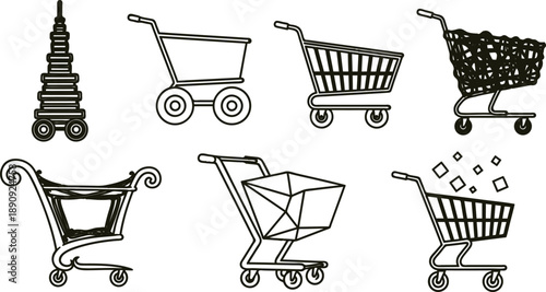 Various shopping carts and trolleys in different styles and designs for ecommerce and retail concepts  shopping carts with unique features