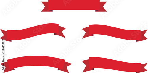 Red banner ribbon strip with flat bent design icon set. Banner, label, and button style. Red ribbon decoration shape, isolated on a transparent background. Suitable for use on websites and brochures.