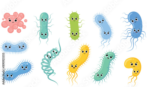 Cute Cartoon Bacteria and Microbe Character Vector Set with Funny Expressions for Kids Education, Healthcare Awareness, Science Learning, and Medical Design Projects