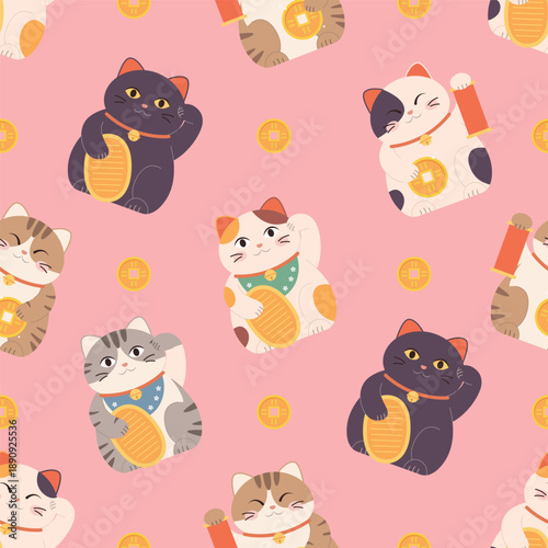 Seamless pattern of Japanese lucky Maneki neko cats