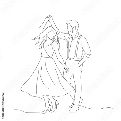 a couple dancing. A minimalist one-line drawing of a couple elegantly dancing together in a ballroom style. . line art