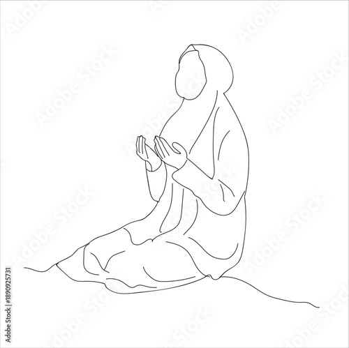 woman praying. Muslim woman prayer to Allah. Vector. line art