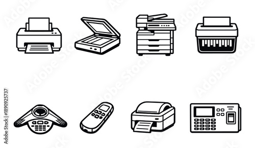 Office equipment icons: printer, scanner, fax, shredder, conference phone