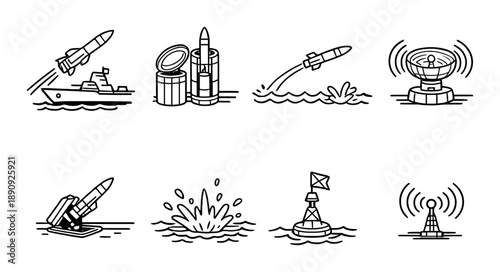 Military technology icons: missiles, radar, and communication buoys