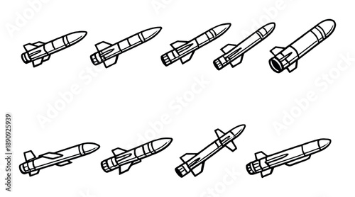 Collection of eight illustrated rocket icons on black background