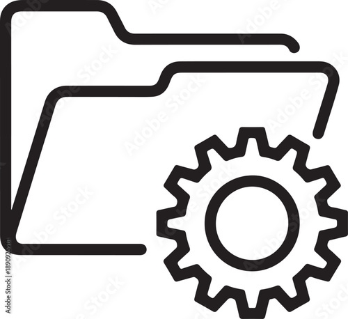 A simple black line illustration of a folder with a gear icon next to it on a plain white background viewed from the front