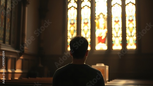 Tranquil church interior with stained glass light, highlighting a person in quiet reflection amid warm ambiance.