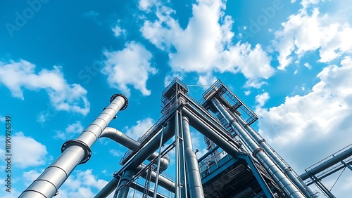 Abstract industrial pipes and structures under a blue sky with cloud reflections.