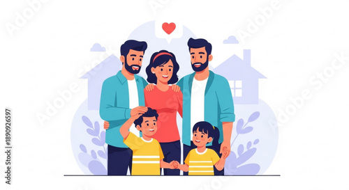 Loving family with two fathers and two sons standing together in front of a house with a heart symbol