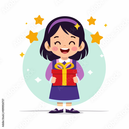 Cartoon Girl Holding Gift Box Smiling.