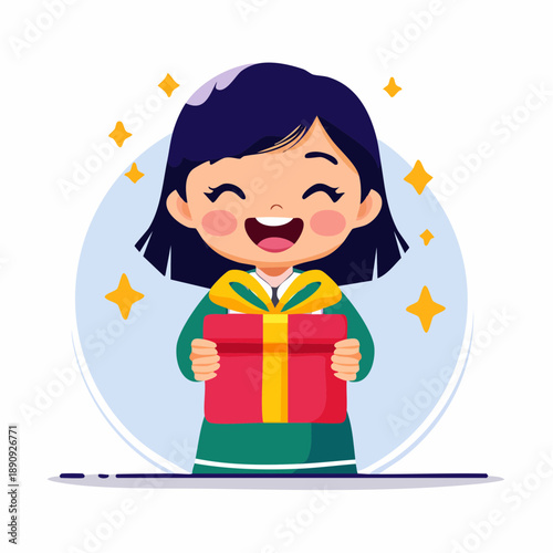 Happy Cartoon Girl Holding Gift Box.