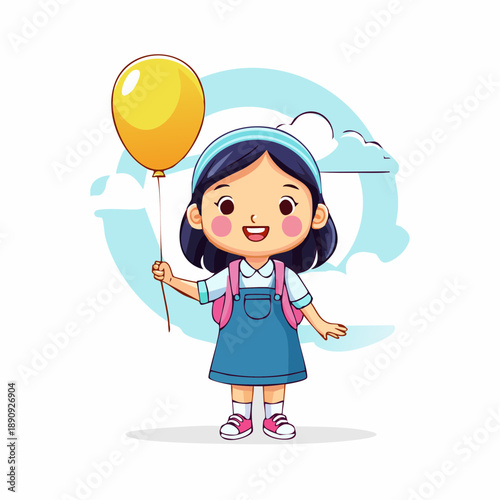 Smiling Cartoon Girl Holding Yellow Balloon.