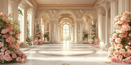 Luxury Palace hall Interior with big windows, columns and walls decorated with pink roses and flowers compositions. Wedding background. Classic castle interior