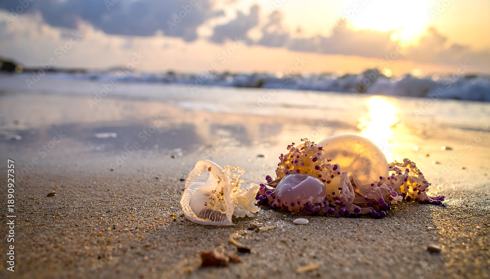 custom made wallpaper toronto digitalJellyfish and marine debris on a beach at sunrise, waves in background