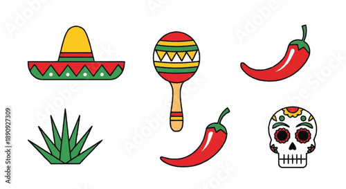Colorful HandDrawn Mexican Fiesta Including Sombrero Maraca Pepper Skull