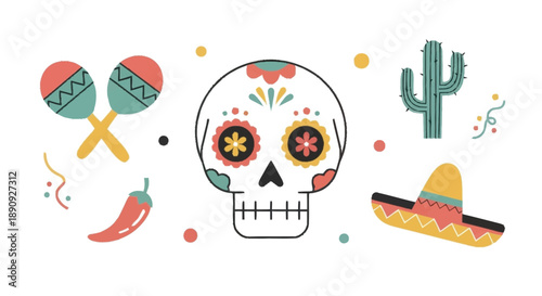 Colorful Hand Drawn Day of the Dead Skull with Cacti Peppers and Sombrero sugar skull