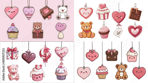 Cute dessert and love icon illustration set with hearts sweets and gift elements in pastel cartoon style perfect for valentines stickers greeting cards and playful romantic designs
