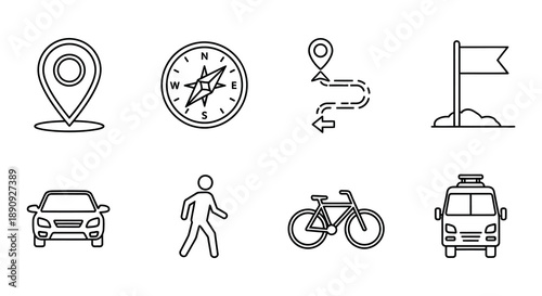 Travel and transportation icons in a simple line art style